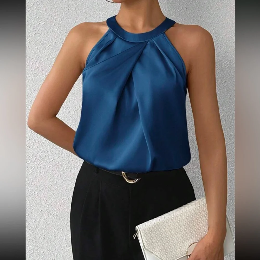 Luxe Plus Size Blue Satin Halter Top